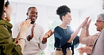 Success, support or happy business people high five in celebration of sales target, mission victory or kpi goals. Applause, meeting or excited team of employees celebrate winning a business deal 