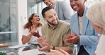 Success, applause and team celebration in office at startup business meeting or business event. Congratulations, clapping hands and goals, support for winner teamwork, achievement and collaboration.