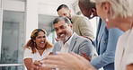 Business people, clapping or success in diversity meeting for marketing teamwork, advertising goals or branding target. Smile, happy or applause for creative designer, men or women in office growth