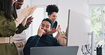 Success, winning and applause, business team at computer with winner men and women celebrate goals and target at startup. Office clapping hands and motivation for job promotion or project achievement