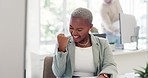 Black woman, close fist and excited for promotion, celebration or happy in office. African American female, ceo or entrepreneur with hand gesture, achievement and good news for startup company or wow