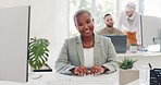 Success, business and face of black woman at desk ready for working online, typing report and research on computer. Leadership, startup and portrait of female worker with pc for digital marketing