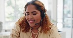 Telemarketing, sales or woman customer service consultant talking on phone call with headset. Communication, crm or call center worker consulting on customer support. Contact us on our help desk line