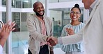 Handshake, business people and team clapping hands for onboarding, collaboration or partnership success. Happy, celebration and employees shaking hands with an applause to celebrate in the office.