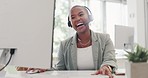 Happy crm, corporate black woman and call center with smile, computer and focus in modern office. Contact us, customer service expert and pc with happiness, vision and telemarketing by desk in London