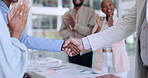 Winner, handshake or happy business people with success giving an applause for sales growth in company office. Partnership goals, b2b or black woman meeting or shaking hands with CEO for kpi target