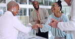 Business women, handshake or clapping for promotion, marketing company success or advertising target goals. Smile, happy or shaking hands in partnership, welcome or greeting with branding leadership