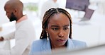Face, computer and confused black woman in office with glitch or 404 error. Thinking, pc and business woman reading website information, research or marketing, advertising and sales project email.