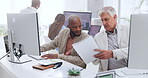 Teamwork, review and training with business people at computer for project management, planning or web design. Collaboration, goal and documents with employee in digital agency for marketing strategy