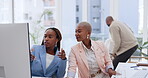 Business women, talking or computer help in digital marketing company, logo branding startup or advertising innovation. Creative designers, teamwork or collaboration on technology in coworking office