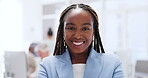 Happy, smile and face of business woman in office for management, leadership and vision. Professional, executive and future with portrait of black woman in digital agency for mindset, career or goal