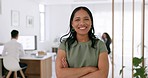 Face, business and black woman with arms crossed, smile and confident in office. Portrait, African American female entrepreneur and ceo with leadership skills, administrator and marketing strategy.