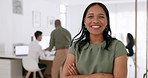 Face, business and black woman with arms crossed, smile and confident in office. Portrait, African American female entrepreneur and ceo with leadership skills, administrator and marketing strategy.