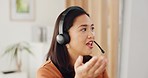 Call center woman, communication and online customer support with advice, contact us or help on web. Asian crm expert, customer service agent or talking on internet in office at telemarketing startup