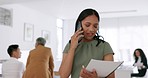 Office, notebook and business woman on a phone call while analyzing corporate document or paperwork. Cellphone, technology and professional female from Puerto Rico on mobile conversation in workplace