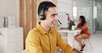 Contact us, call center and crm, man at computer in modern office, customer service agent with headset and smile. Help desk, telemarketing or sales consultant, happy advisory support and consulting.