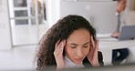 Burnout, computer or black woman with stress, headache or fatigue worried about email, proposal or project deadline. Tired, overwhelmed or office employee frustrated or unhappy with migraine problem