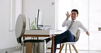 Throw, play or happy employee with a paper jet for fun entertainment on a break at office desk. Distracted, relaxing or playful worker excited by paper plane in a corporate company or job workplace