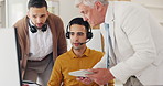 Call center, customer support and training with a manager man talking to his staff in a telemarketing office. Management, leadership and crm with a senior male employee coaching his sales team