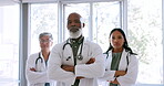 Doctors, group faces or arms crossed in hospital with life insurance trust, surgery planning ideas or medical innovation. Portrait, healthcare workers or mature leadership man with women in teamwork