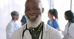 Black man, face or happy doctor with leadership, trust or motivation for helping in medical hospital. Portrait, smile or senior healthcare worker with goals, mission or vision for success in clinic