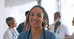 Black woman, face or happy nurse with a smile ready for medical goals or surgery target success in a hospital. Mindset, portrait or smiling female doctor thinking of healthcare mission in a clinic 