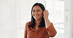 Business woman, face or peace sign in modern office, marketing company or advertising startup for Indonesian about us. Portrait, happy smile or fun hands gesture for creative designer with hair tuck