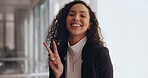 Face, peace sign and business woman in office ready for goals, tasks or targets. Leadership, ceo or portrait of happy female entrepreneur with hand gesture for success, vision or mission in workplace