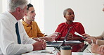 Business people, diversity or office boardroom meeting for digital marketing innovation, advertising strategy planning or logo branding ideas. Talking men, women or creative designers with technology