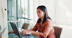 Laptop, thinking and planning with a business woman at work in her office for future growth or development. Computer, research and innovation with a female employee doing a search online for an idea