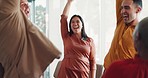 Success, high five and winner with business people in office cheering for celebration, support or goal. Team building, wow and growth with employees in workshop for achievement, deal and sales target
