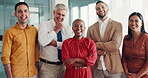 Business people, laughing portrait or diversity teamwork in modern office for about us website, profile picture photography or global success. Smile, happy or comic creative men, women or designers