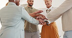 Teamwork, collaboration and hands huddle of business people in office for team building. Support, motivation and group solidarity, unity and trust of employees working together for goals or targets.