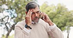 Senior businessman, phone call or stress for communication at outdoor urban park, discussion or argument. Corporate man, smartphone conversation or burnout by trees for anxiety, confusion or question