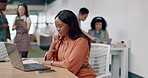 Black woman, thinking and laptop for digital marketing, writing notes or online schedule in modern office. African American female, administrator and creative with idea, planning advertising or focus