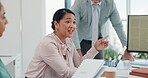 Handshake, applause or woman with success for meeting sales growth target or kpi goals with a marketing strategy. Computer, congratulations or happy worker shaking hands with excited business people