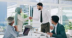 Hiring, handshake or Muslim worker shaking hands with an employee to start new job in office room. Onboarding, Islamic or senior company manager shaking hands after recruitment in business meeting