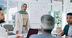 Presentation, meeting and whiteboard with a business muslim woman talking to her team in the office boardroom. Education, training and coaching with an islamic female employee addressing a work group