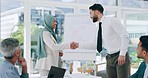 Businessman handshake, woman and muslim at meeting, planning or presentation for financial vision. Man, shaking hands and islamic speaker with executive group in workshop  for growth, data and graph