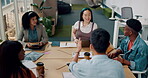 Digital marketing, seo or creative employees in a meeting talking, discussion or planning an advertising strategy. Digital agency, team work or young media people brainstorming ideas for sales growth