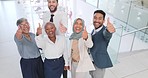 Office, teamwork and business people with thumbs up for success, motivation and community in workplace. Collaboration, diversity and group of workers with hand sign for thank you, support and trust