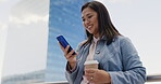 Woman, takeaway coffee or phone in city on social media app, internet news or travel schedule in Singapore location. Happy smile, urban tourist or mobile communication technology with recycle tea cup