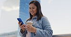 Woman, takeaway coffee or phone in city on social media app, internet news or travel schedule in Singapore location. Happy smile, urban tourist or mobile communication technology with recycle tea cup