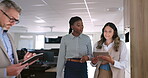 Business women, tablet and walking in office talking for partnership collaboration, creative designer team and web design conversation. Teamwork, employees website discussion and walk in tech agency