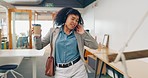 Corporate black woman, dancing and headphones in startup office, smile and coffee on lunch. Woman, dance and happy in workplace with music, streaming and coffee cup for happiness, freedom and relax