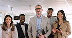 Diversity, business people and smile portrait in office for company goals success, employee motivation and positive corporate mindset. Interracial teamwork, management support and staff happiness