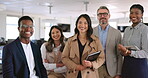 Diversity, business people and smile portrait in office for company goals success, employee motivation and positive corporate mindset. Interracial teamwork, management support and staff happiness