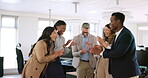 Winner, cheering and high five with a business team in celebration of a goal or target together in their office. Motivation, success and teambuilding with a man and woman employee group celebrating