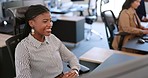 Black woman, working and happy with success in office, positive feedback and review with worker at desk and job satisfaction. Business professional, happiness in workplace, target goal and pride.
