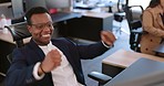 Businessman with celebration, yes and success with winner, target goal and kpi with bonus, cheers and high five with coworker. Happy black man, excited and motivation with achievement and celebrate.